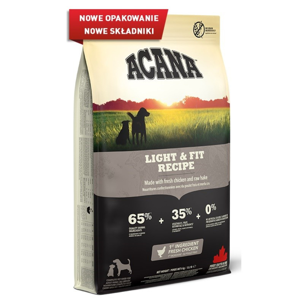 Torba z karmą dla psów. Zawiera tekst: ACANA, LIGHT & FIT RECIPE, ze wskaźnikami procentowymi i zdjęciami psów i kurczaka.