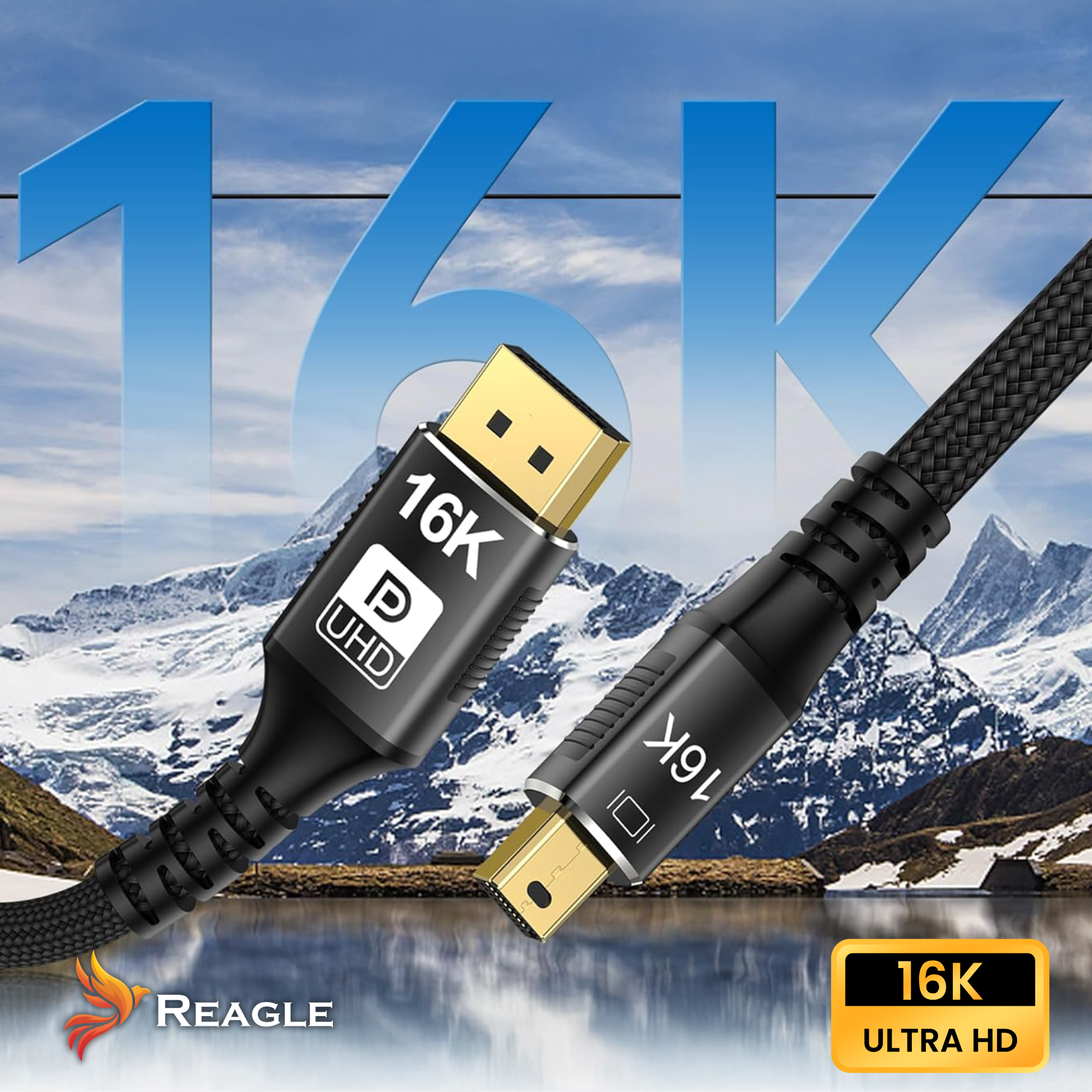 Obraz przedstawia dwa czarne kable HDMI z etykietami 16K UHD, na tle gór, wody i niebieskiego nieba.