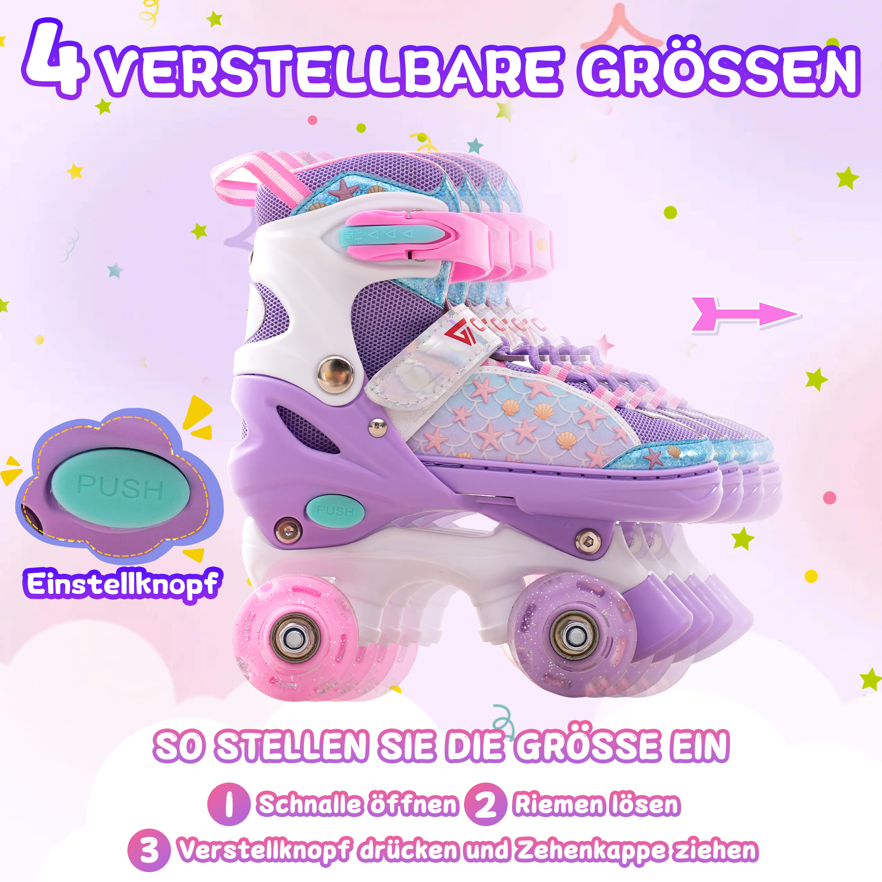 Das Bild zeigt verstellbare Rollschuhe mit Anweisungen. Lila Schlittschuhe mit rosa Rädern, weißen und türkisfarbenen Akzenten.