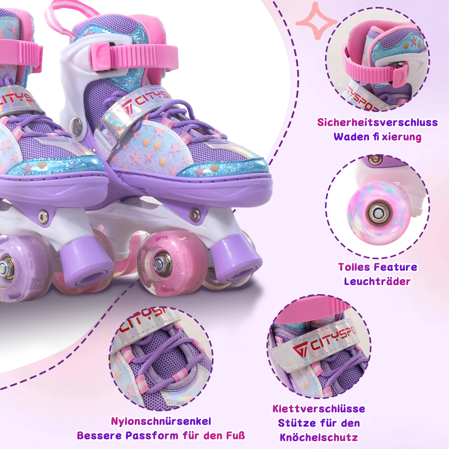 Paar lila und weißer Rollschuhe mit rosa Rädern, Meerjungfrau-Schuppen-Design und Textdetails.