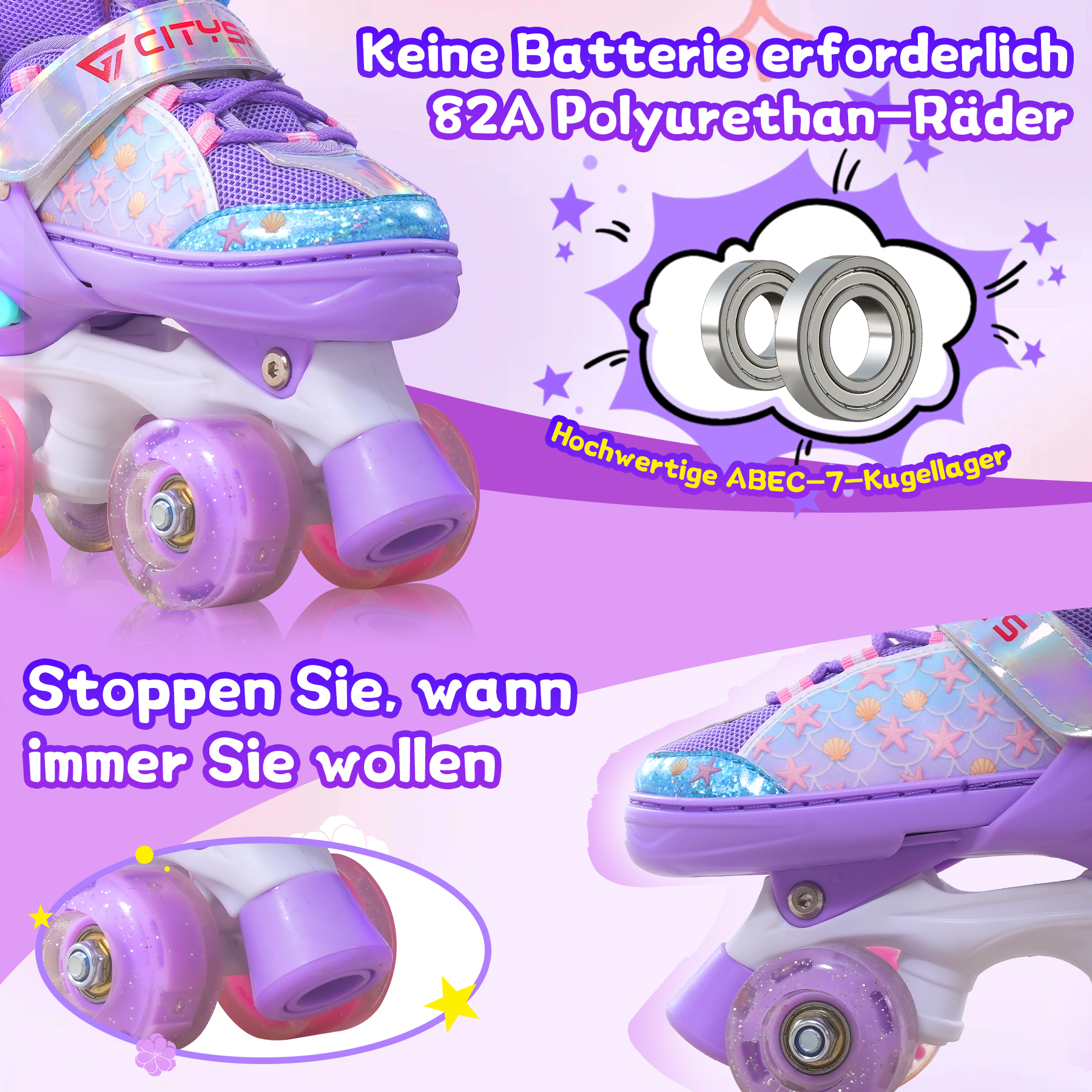 Lila Rollschuhe mit Meerjungfrau-Schuppen-Design und Sternen. Weißer Sockel, lila Räder und Text auf Deutsch.