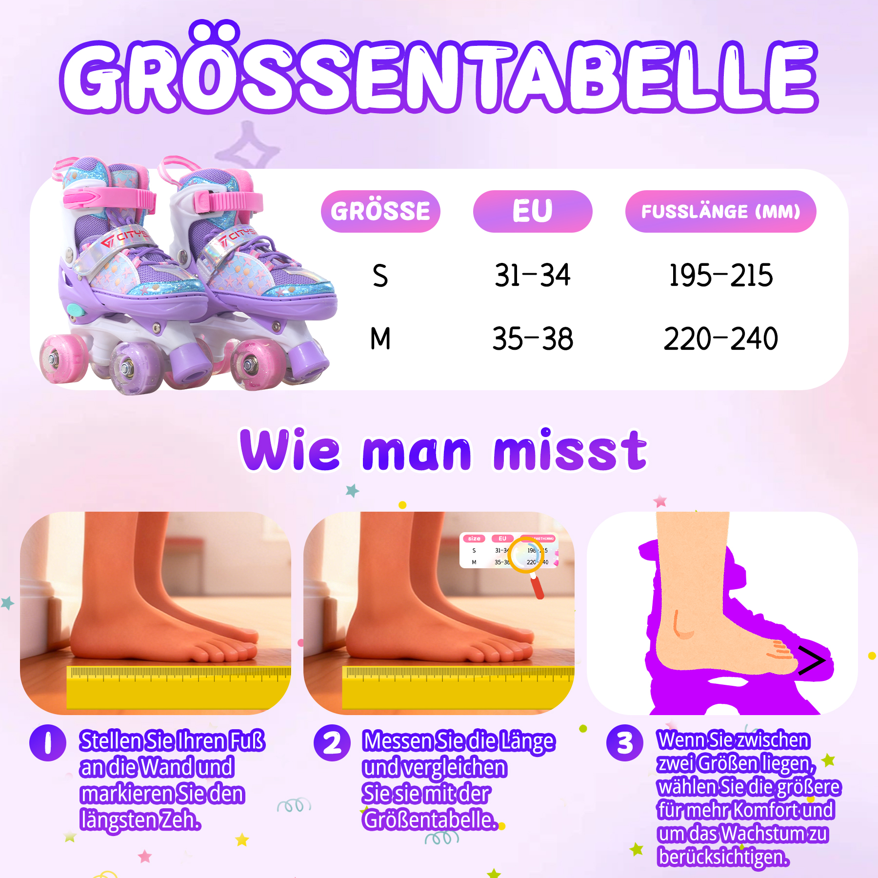 Das Bild zeigt Rollschuhe, eine Größentabelle und Fußmessanweisungen. Anweisungen sind auf Deutsch.