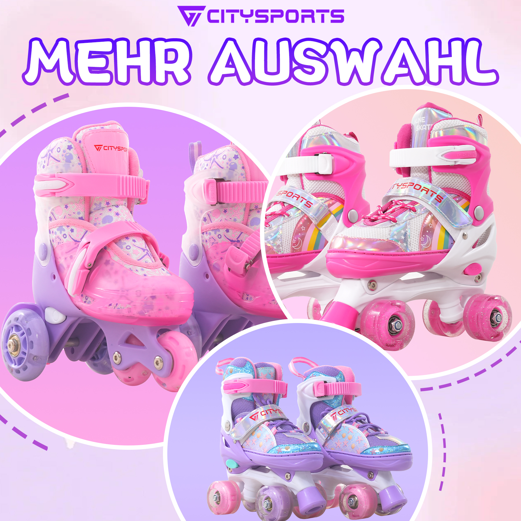 Das Bild zeigt mehrere Paare bunter Rollschuhe. Pink- und Lilatöne dominieren das Design mit CITYSPORTS-Branding.