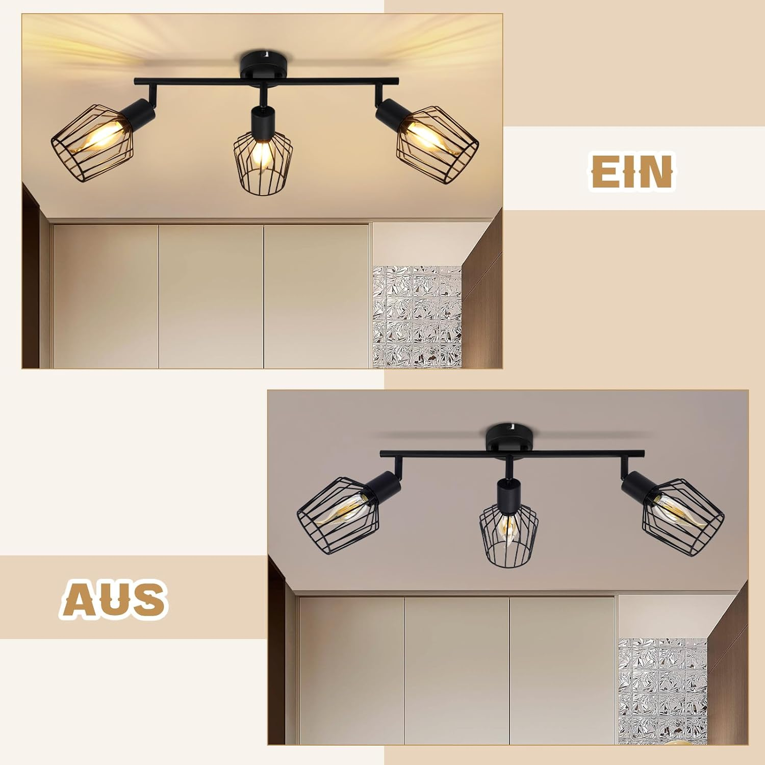Un foco de techo con tres lámparas de jaula de metal negro, dos encendidas y una apagada. El fondo tiene un armario beige y decoración de pared.