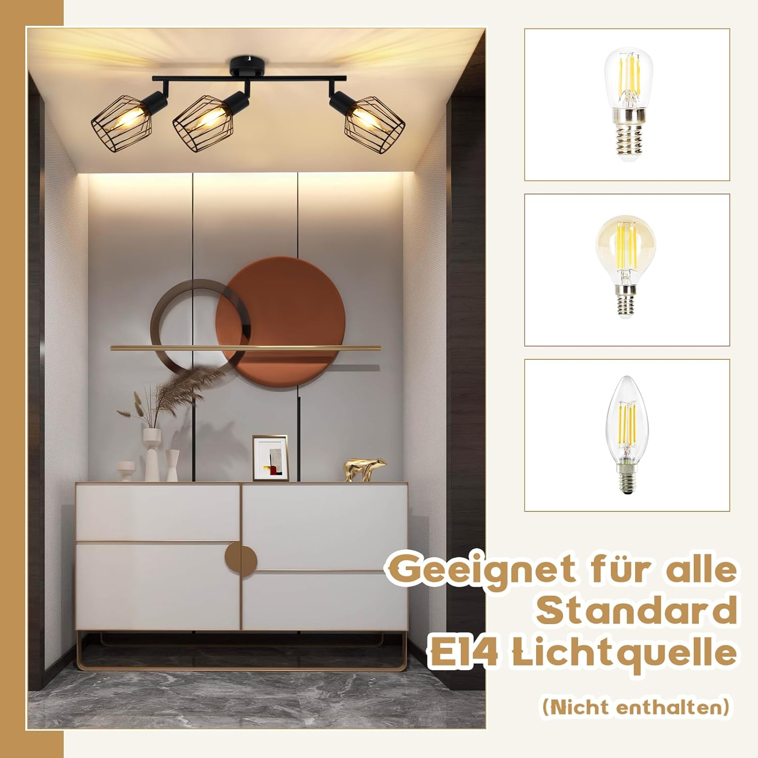 Un interior moderno con un mueble blanco, una lámpara de riel negra y elementos decorativos. El texto dice: 'Adecuado para todas las fuentes de luz E14 estándar'.