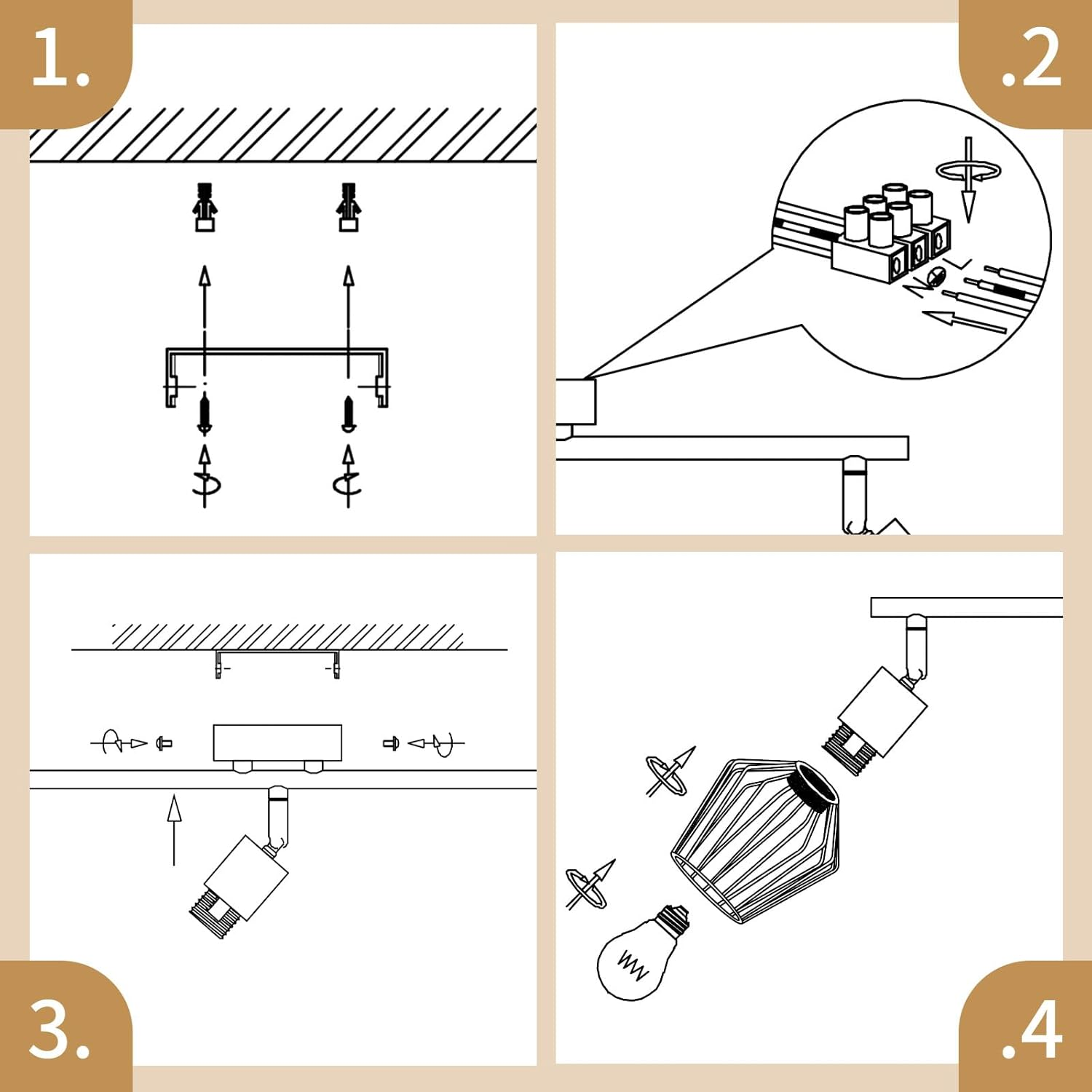 Diagrama que muestra la instalación de una lámpara de techo. Los pasos incluyen montar la base, cablear, fijar la luz e instalar la bombilla.