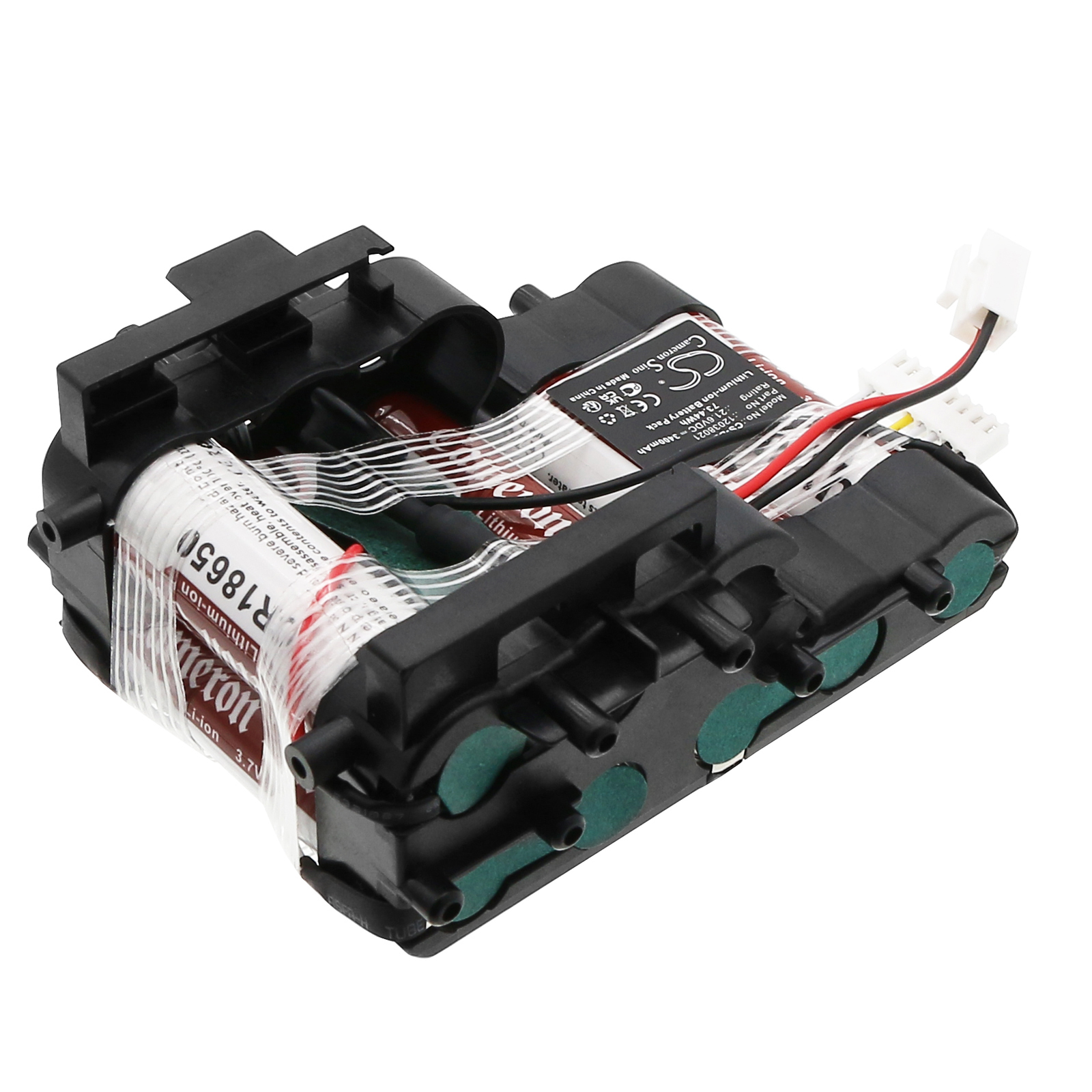 Zestaw baterii z cylindrycznymi ogniwami, czarną plastikową ramą i okablowaniem, na białym tle.