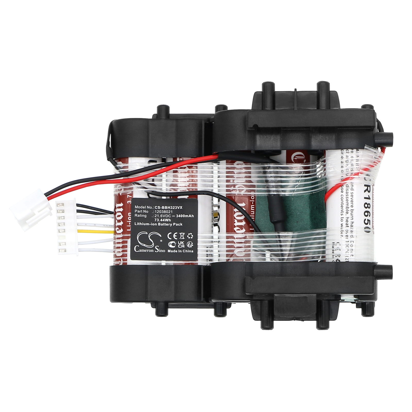 Zestaw akumulatorów z czarną plastikową obudową, czerwonymi i czarnymi przewodami oraz białym złączem. Etykiety pokazują szczegóły produktu.