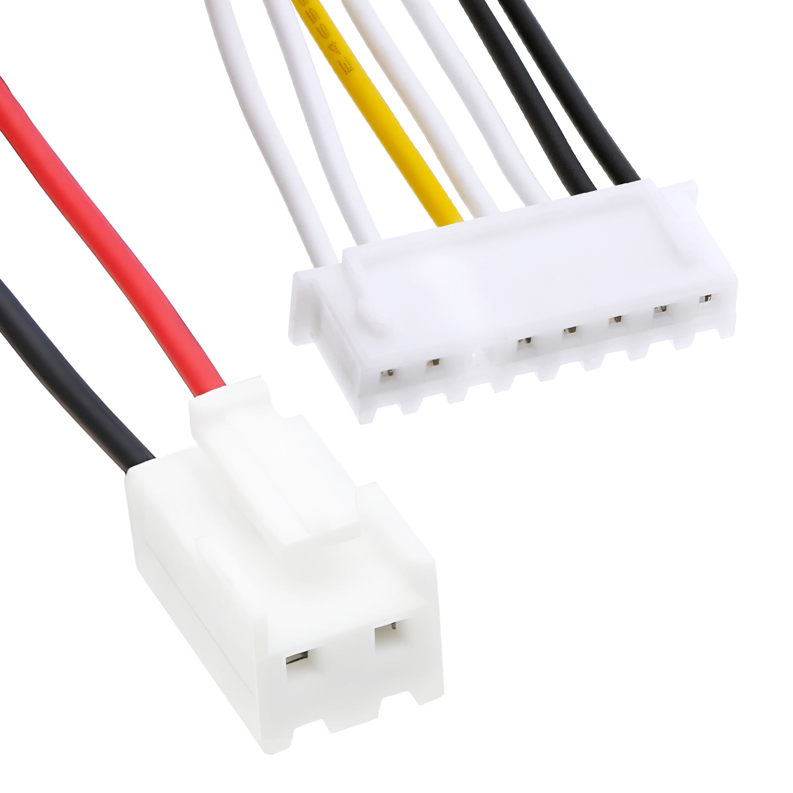 Białe plastikowe złącza z przewodami. Przewody są czerwone, czarne, żółte i białe. Izolowane na białym tle.