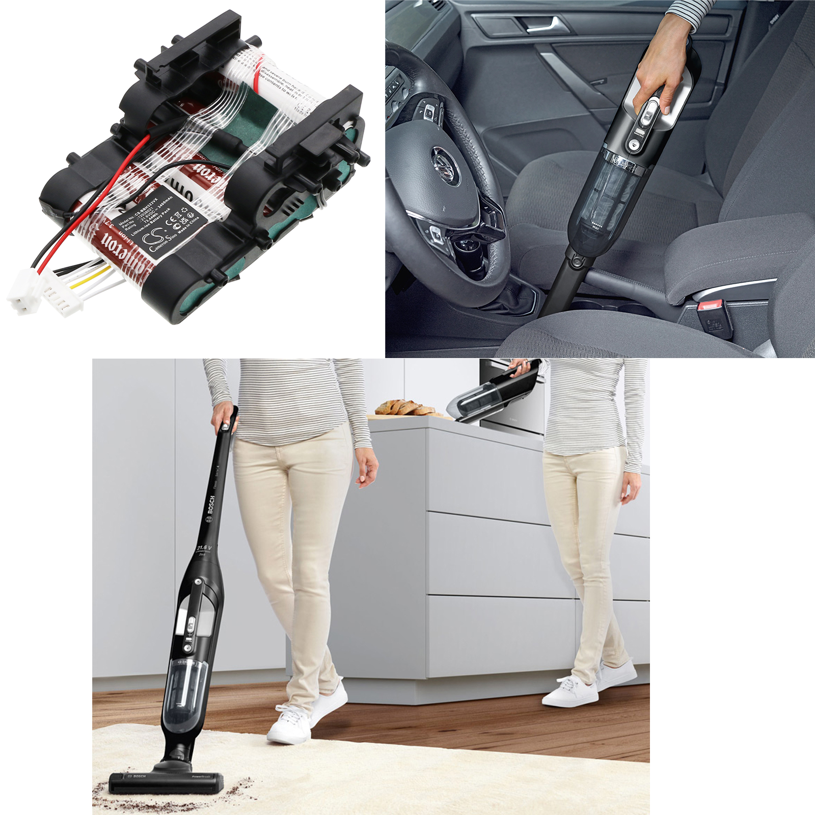 Obraz przedstawia akumulator, osobę odkurzającą wnętrze samochodu i dywan.