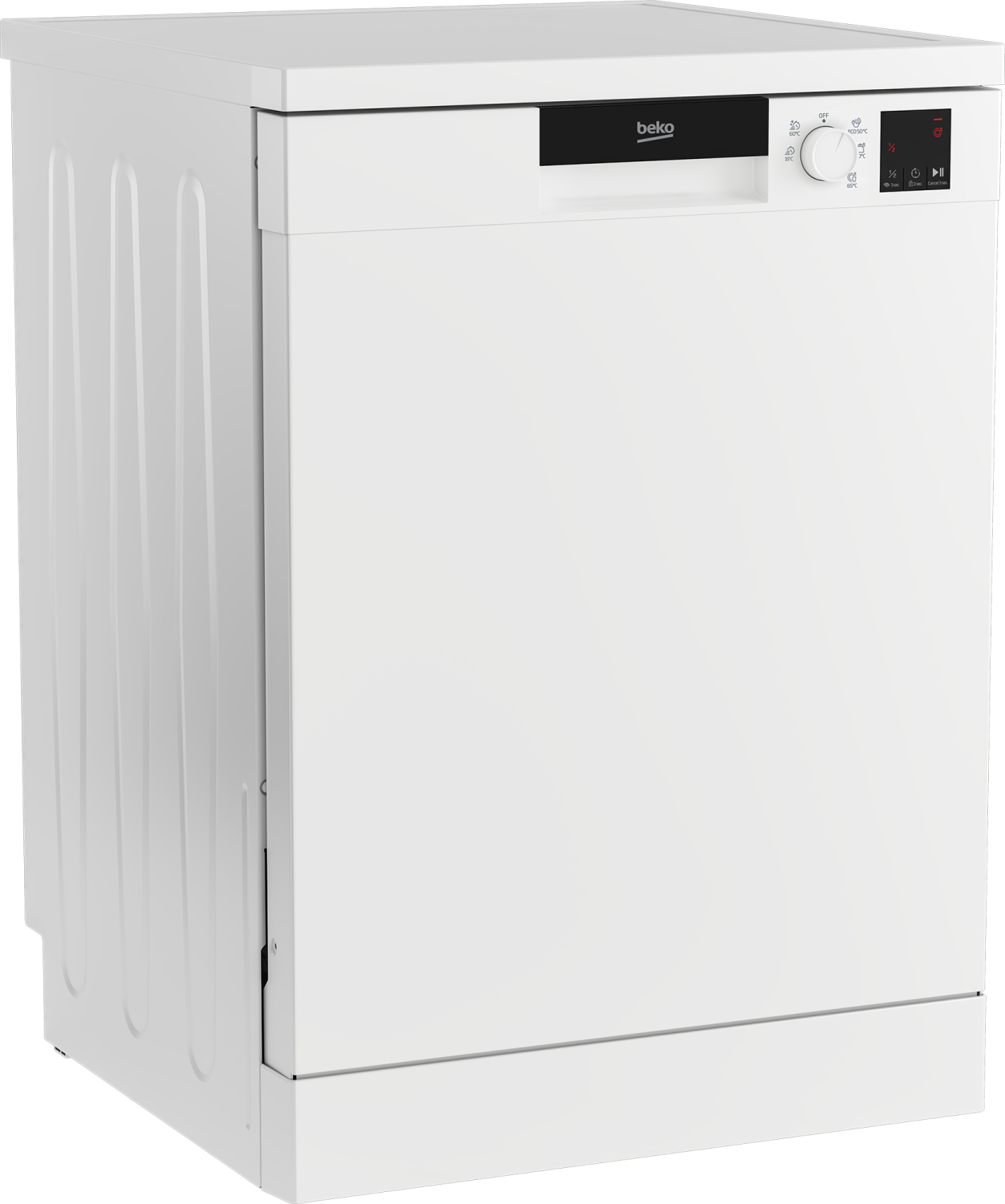 Eine weiße Beko-Spülmaschine mit schwarzem Bedienfeld und Knöpfen. Die Maschine ist sauber und neu, leicht zur Seite angewinkelt.