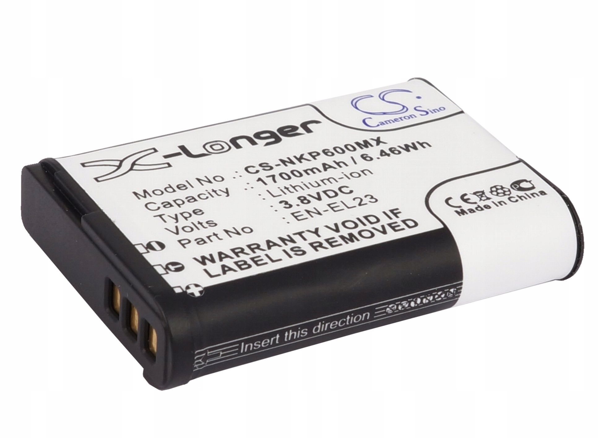 Bateria oznaczona X-Longer, ze szczegółami: model CS-NKP600MX, 1700mAh, 3.8VDC. Tekst: 'Gwarancja nieważna, jeśli etykieta zostanie usunięta'.