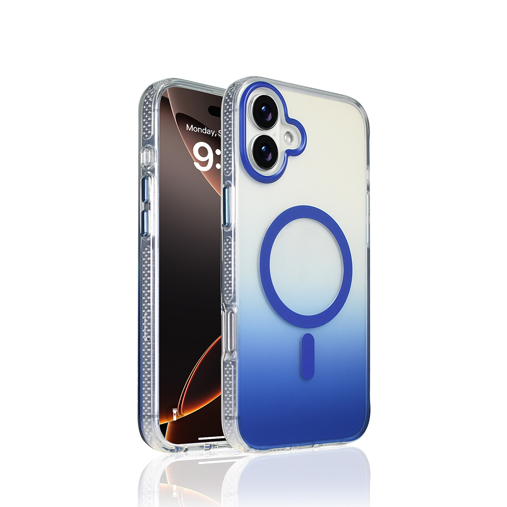 İçinde bir telefon bulunan iki şeffaf telefon kılıfı. Kılıfların mavi degrade ve mavi daire tasarımı var. Telefon saati gösteriyor.