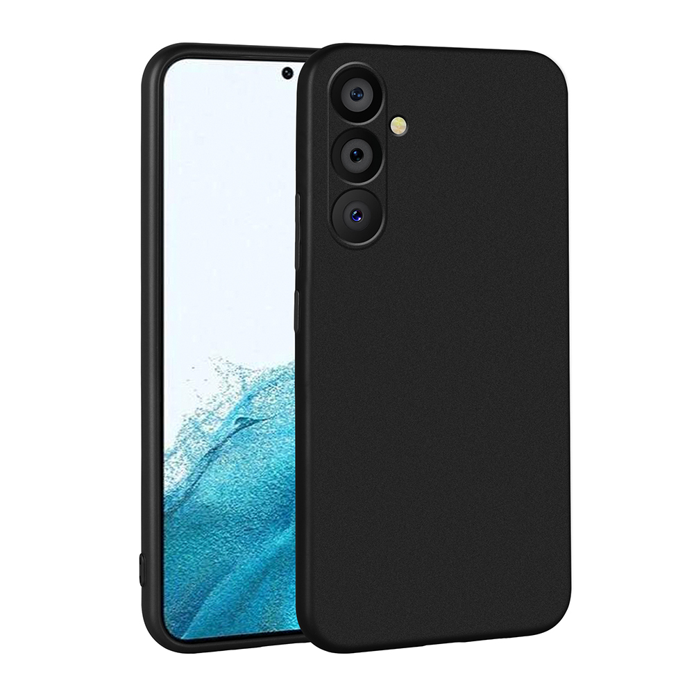 Üç lensli kameraya sahip siyah akıllı telefon, ekranın yanında. Ekran mavi ve beyaz bir desen gösteriyor.