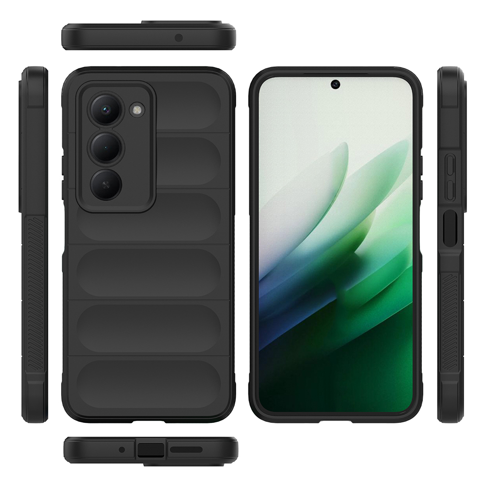 İçinde bir telefon bulunan siyah bir telefon kılıfı farklı açılardan gösteriliyor. Üç kamerası ve yeşil grafiklere sahip bir ekranı var.