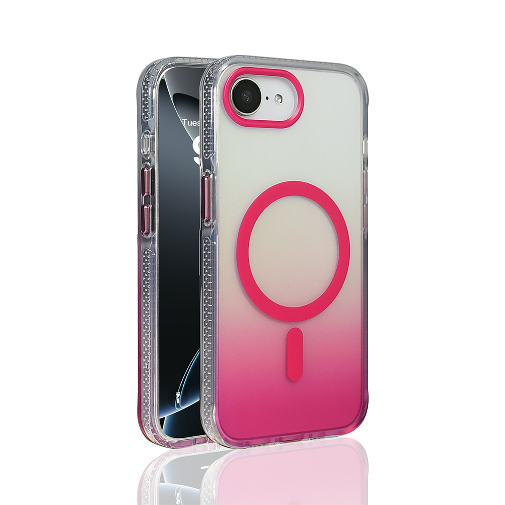 Pembe gradyanlı ve arkasında pembe bir daire bulunan şeffaf bir kılıf içinde bir iPhone. Telefonun ekranı görünür.