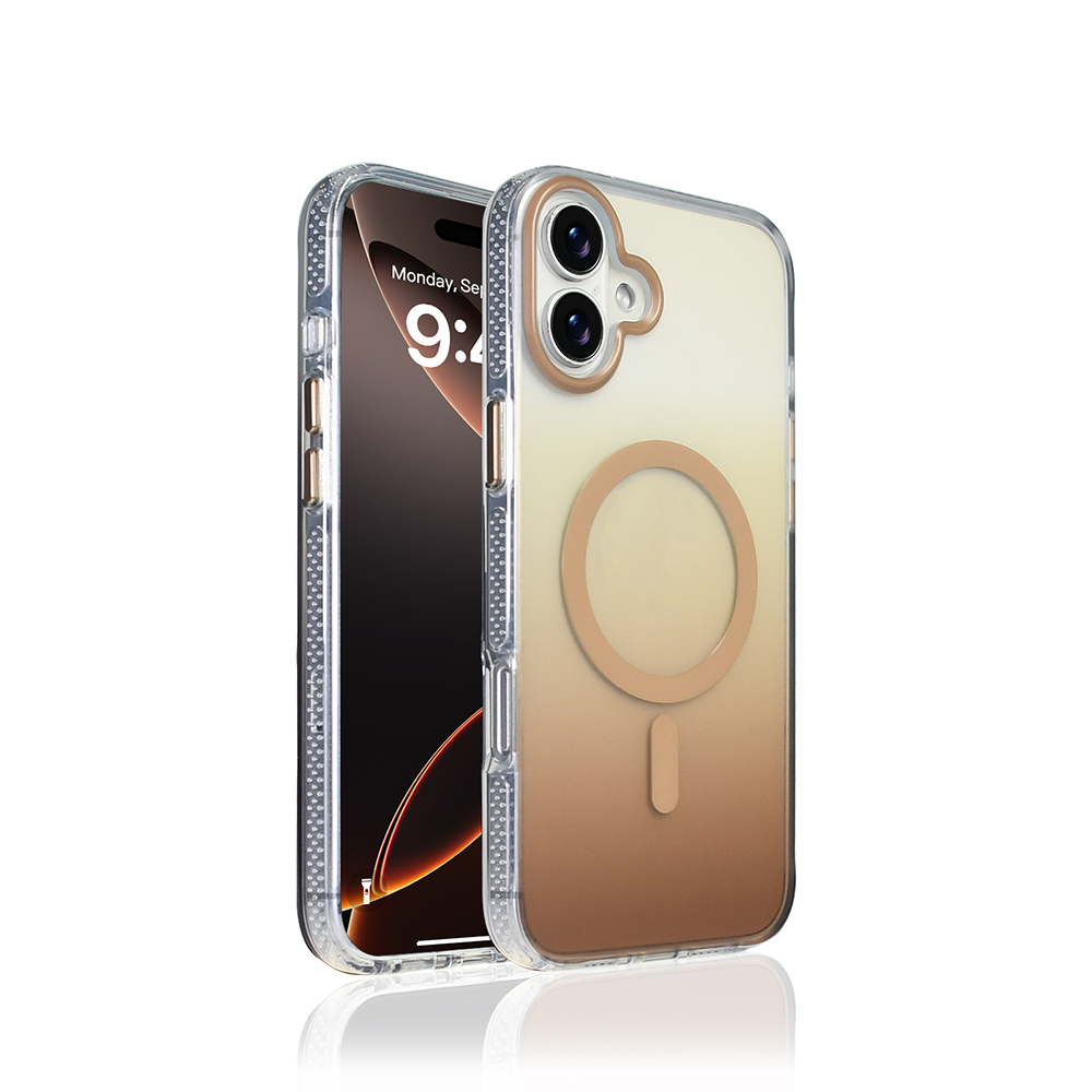 İki iPhone kılıfı. Biri telefonun ekranını gösteriyor, diğeri kahverengi geçişli ve dairesel mıknatıslı şeffaf bir kılıf.