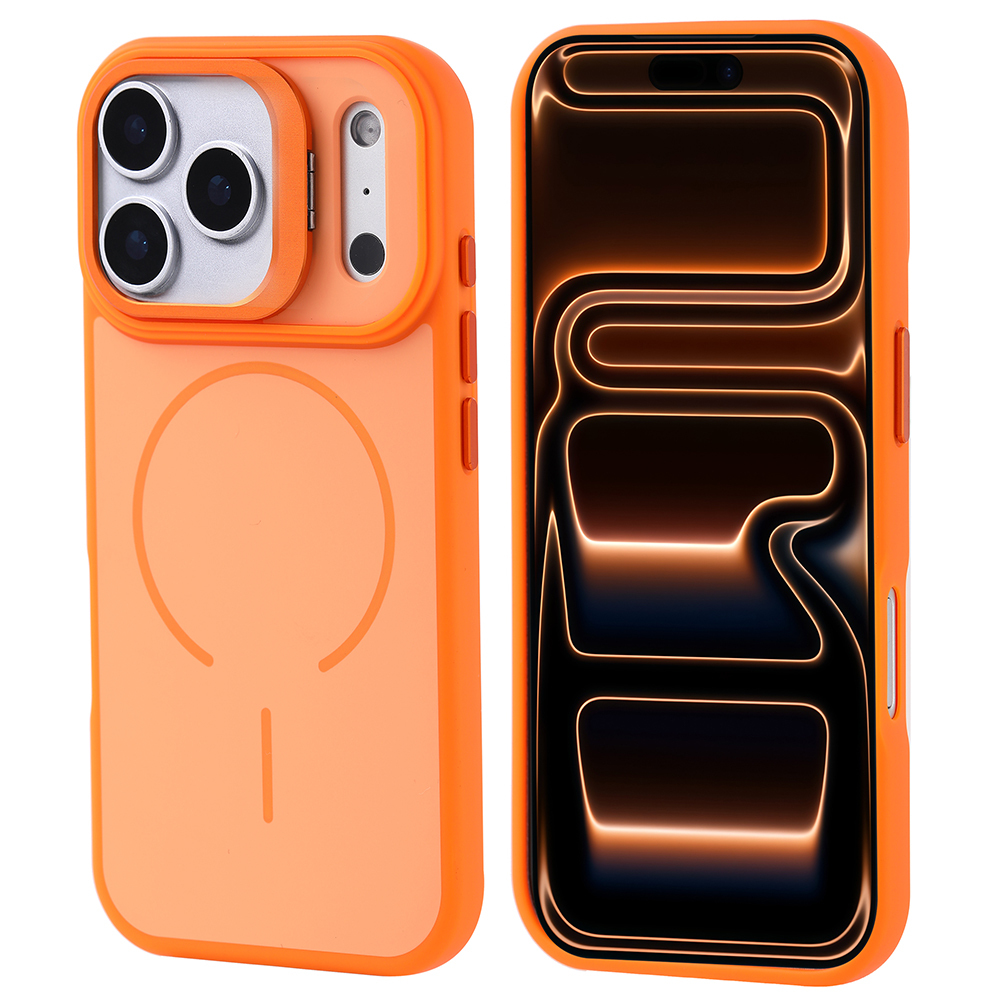 İki turuncu telefon kılıfı. Biri kamera kesikleri ve bir daire ile arkasını gösterir. Diğeri ekranı gösterir.