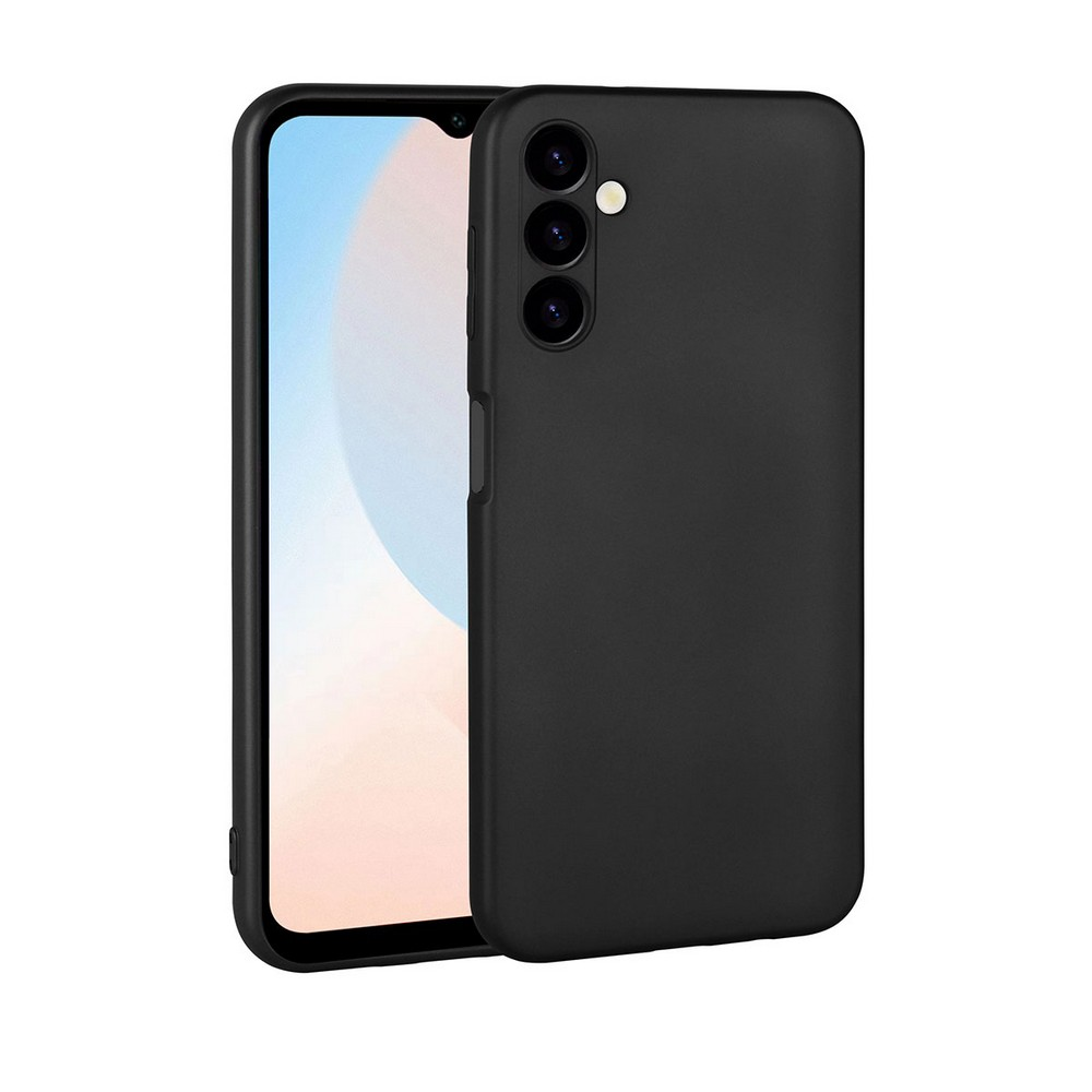 Mavi ve beyaz ekranlı bir akıllı telefonun yanında siyah bir telefon kılıfı. Kılıfın kamera delikleri var.