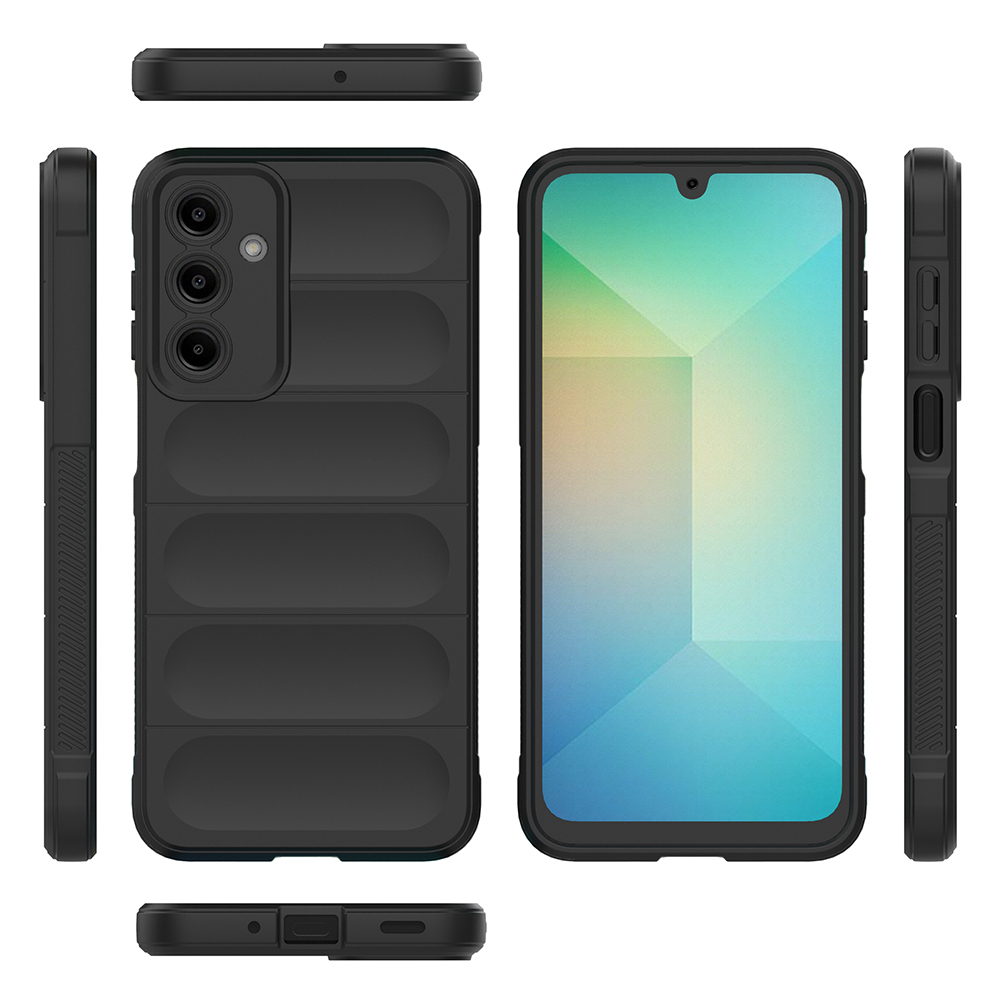 İçinde telefon bulunan siyah telefon kılıfı. Kılıfın dokulu bir arka kısmı ve kamera kesimi var. Ekran görünür.