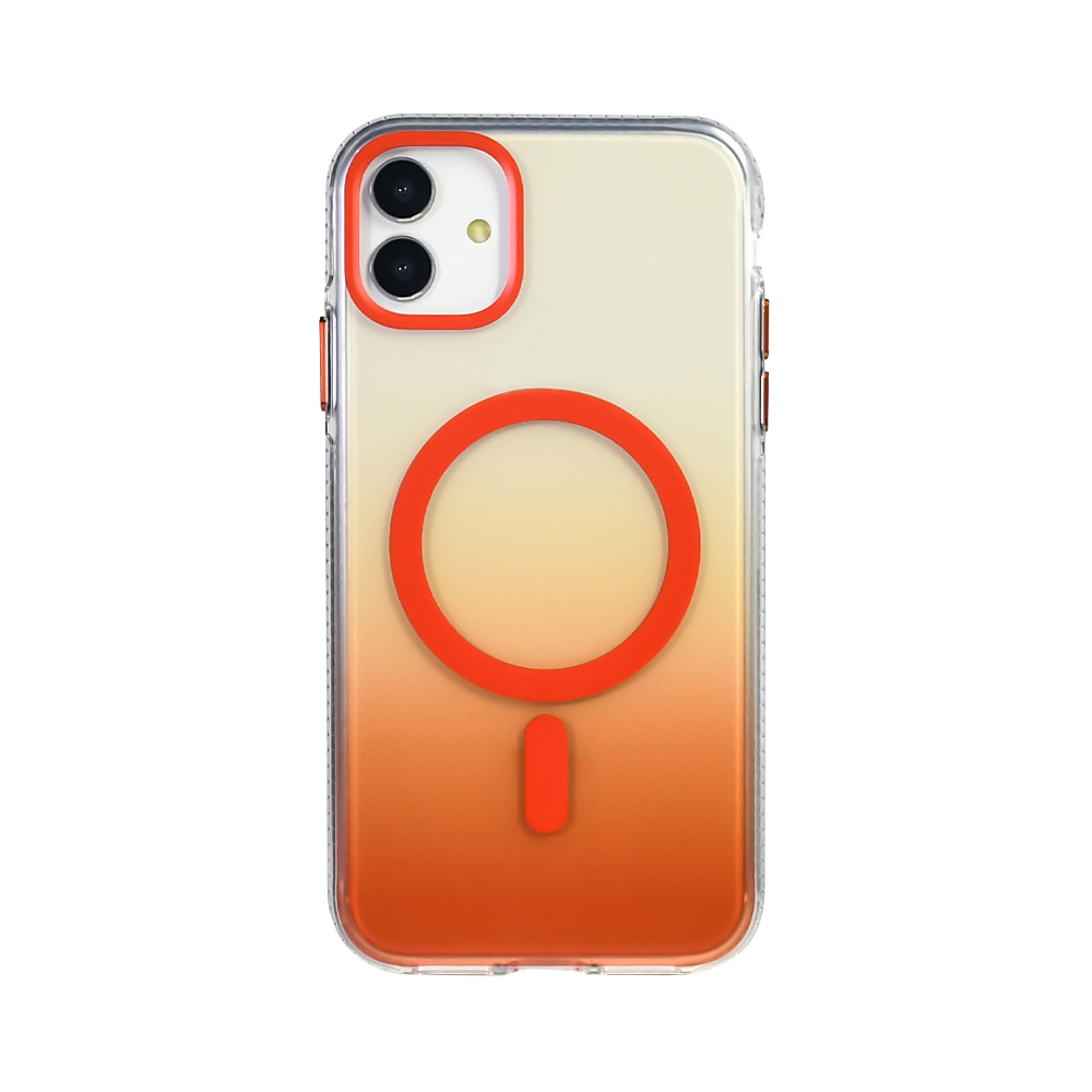 Bir iPhone kılıfı. Kılıf, turuncu degradeye sahip şeffaftır. Turuncu bir halkası ve alt yarısında dikey bir çubuğu vardır.