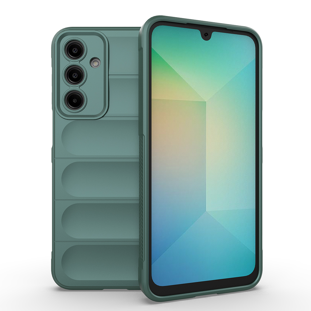 İki yeşil akıllı telefon kılıfı. Biri kameraları gösteriyor. Diğeri geometrik tasarımlı ekranı gösteriyor.