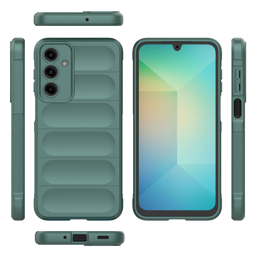 Görünür ekranlı yeşil telefon kılıfı. Kılıfın dokulu bir arka kısmı ve yan düğmeleri vardır. Ekran renkli bir geometrik tasarım sergiliyor.
