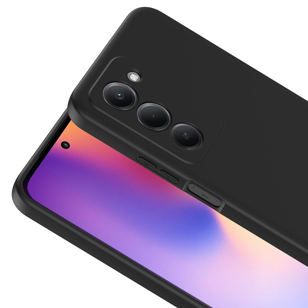 Kamera lensli siyah telefon kılıfı. Ekran renkli bir gradyan görüntüler. Yan tarafta düğmeler görülüyor.