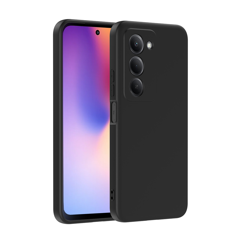 Siyah telefon, kılıf ile. Ekran renkli bir görüntü gösteriyor. Arkada üç kamera var. Kılıf siyah.