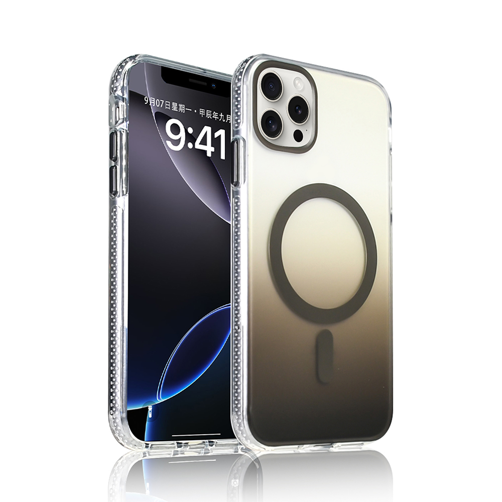 Şeffaf kılıflı iki iPhone. Biri 9:41'i gösteriyor. Diğerinin gradyan arka yüzeyi, koyu gri bir daire ve daha küçük bir dikdörtgeni var.