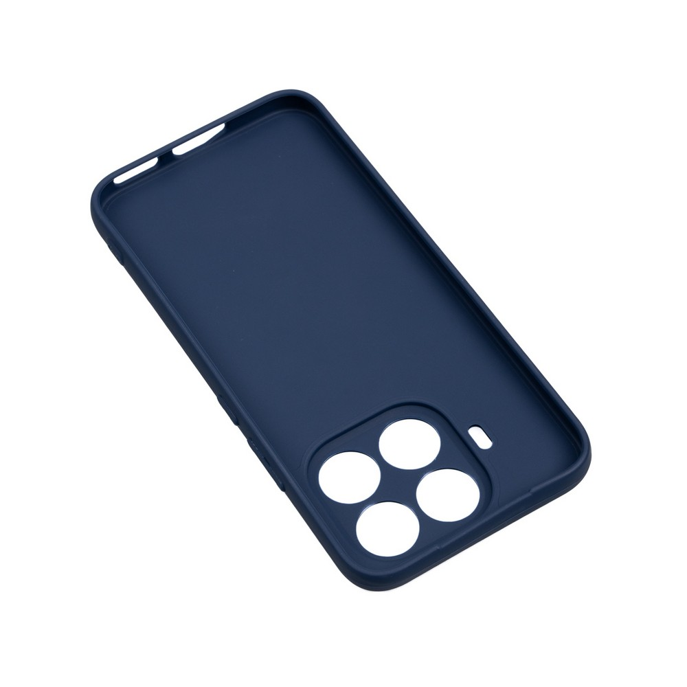 Beyaz zemin üzerinde koyu mavi bir telefon kılıfı. Kamera ve diğer özellikler için kesikler bulunur.