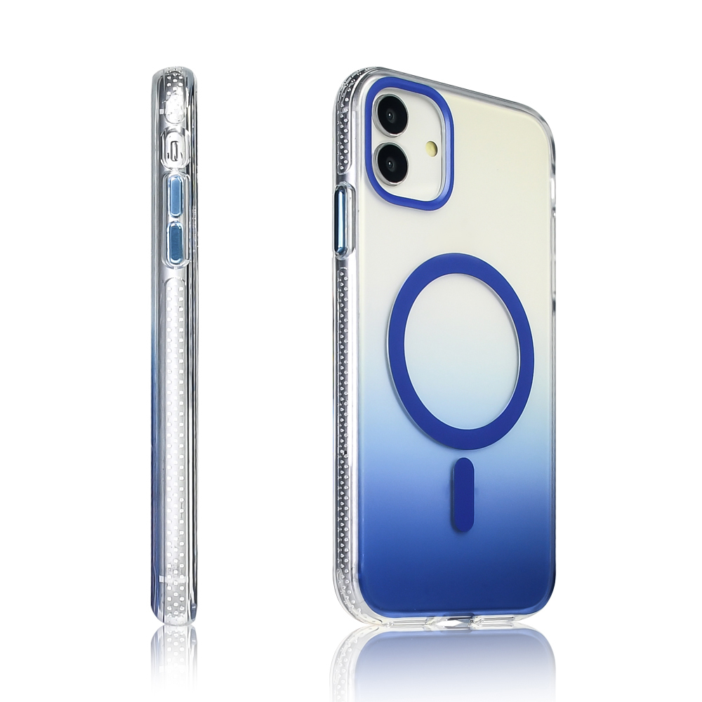 Mavi degradeye sahip şeffaf telefon kılıfı. Arkada mavi halka ve çubuk tasarımı. Yan görünümde gümüş noktalar.
