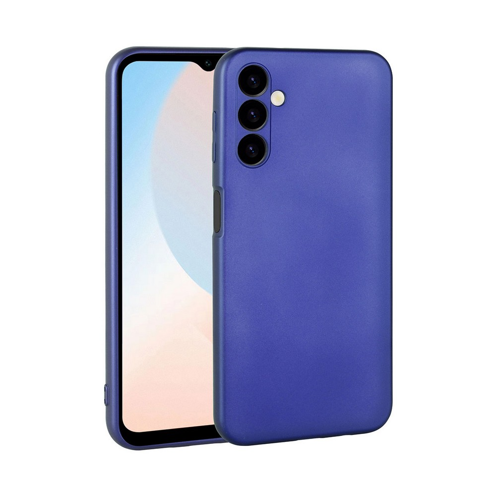 İçinde telefon olan mavi telefon kılıfı. Ekran görünür. Kılıf üzerinde üç kamera lensi var.