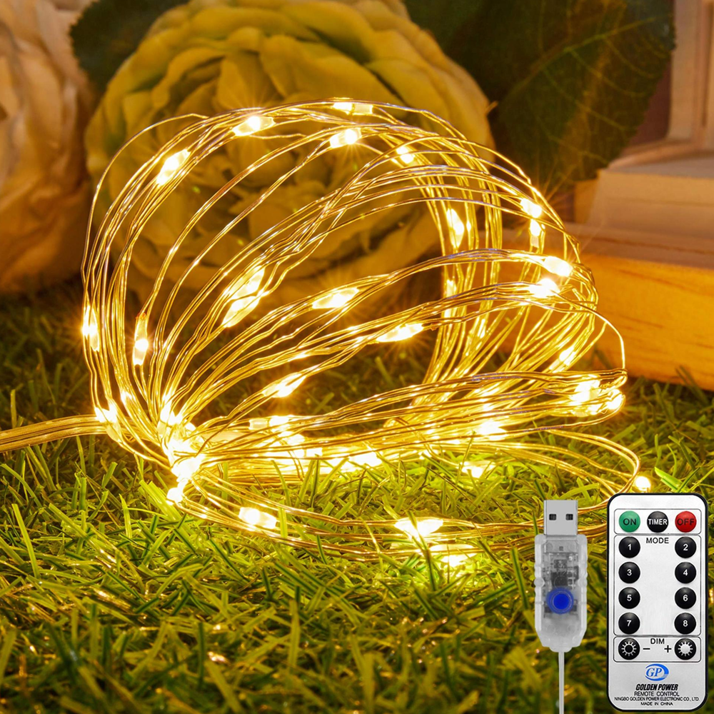 Eine Lichterkette auf Gras mit Fernbedienung und USB-Anschluss. Im Hintergrund eine Blume und Holzstruktur.