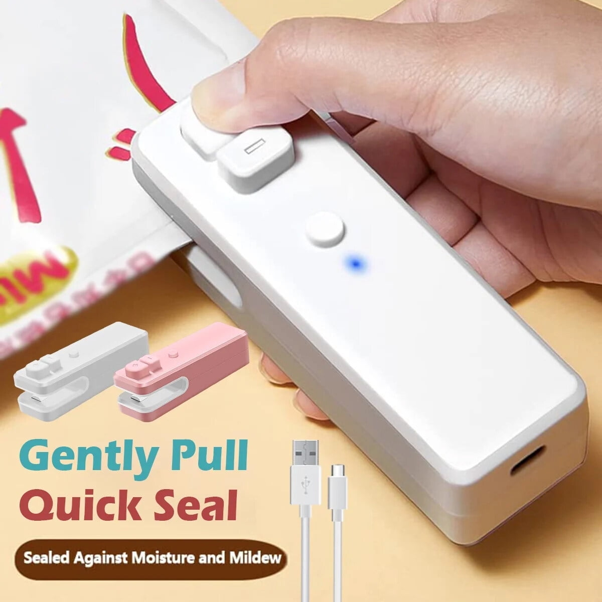 Hand versiegelt einen Beutel mit einem weißen Versiegelungsgerät. Zwei kleine Versiegler und USB-Kabel sind im Bild. Text sagt: Gently Pull Quick Seal.
