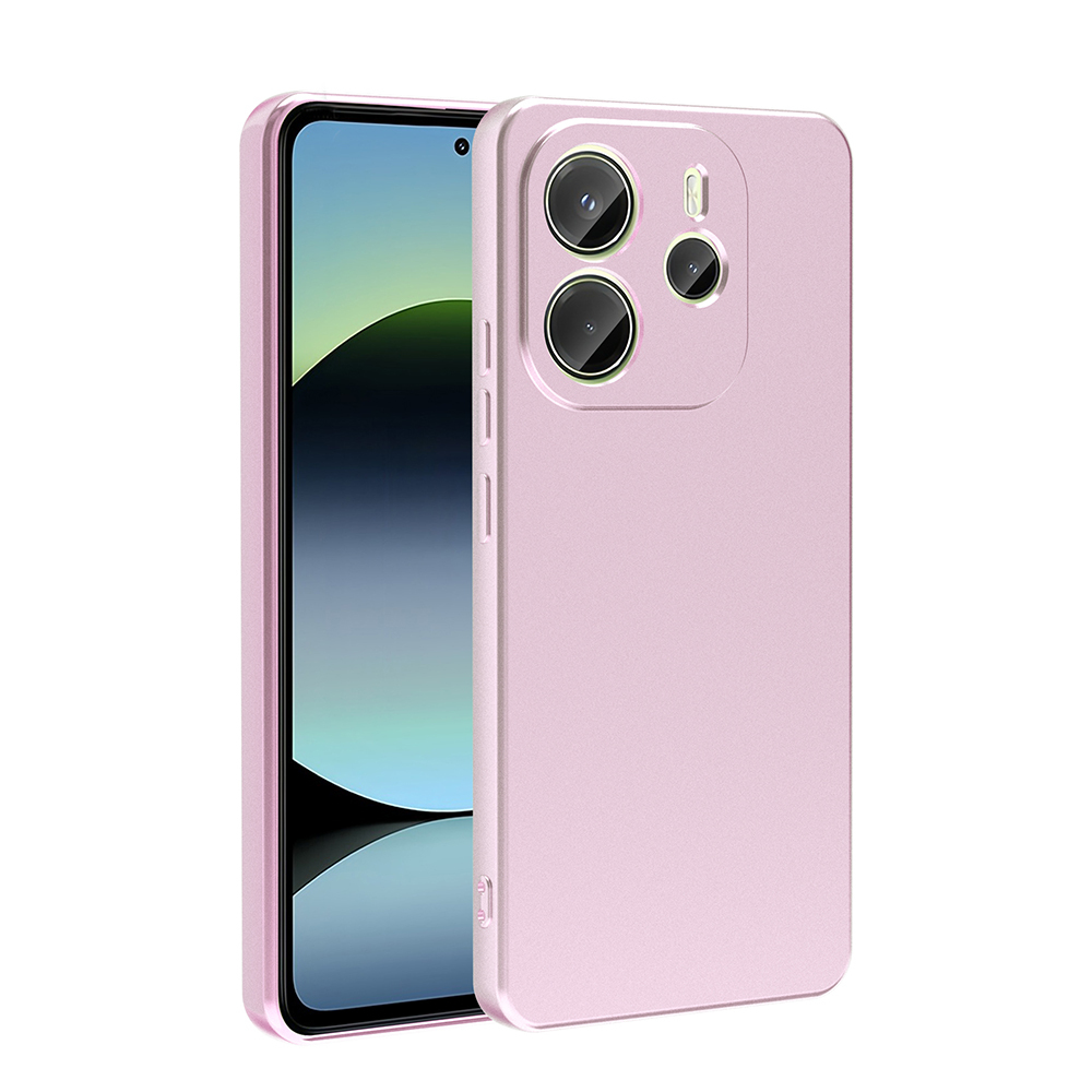 İçinde bir telefon bulunan pembe bir telefon kılıfı. Ekran mavi ve yeşil bir arka plan gösteriyor. Kılıfın kamera kesimleri var.