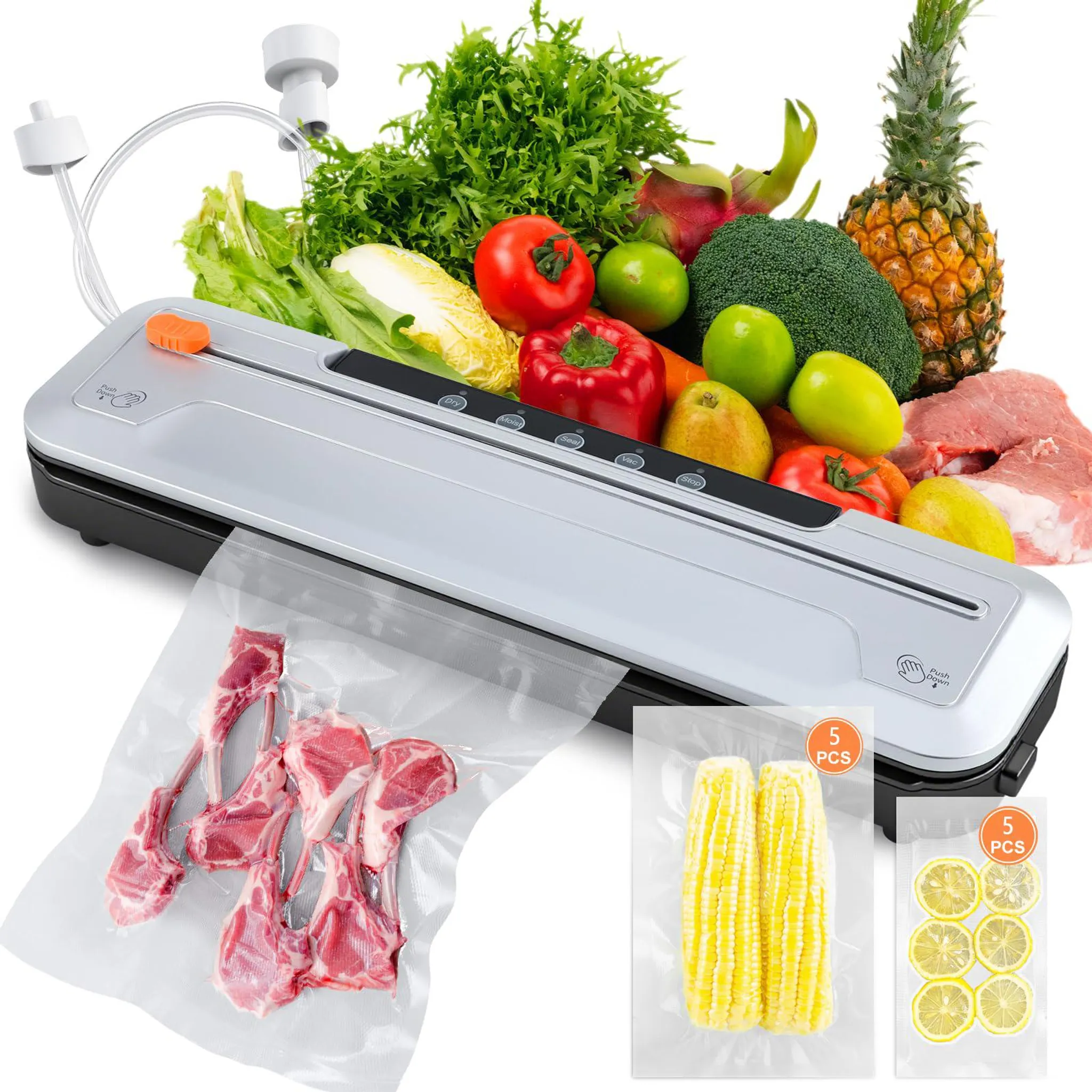 Vakuumiergerät mit Gemüse, Früchten und Fleisch. Mais und Zitronen in Packungen. Lammkoteletts im Vakuumbeutel.