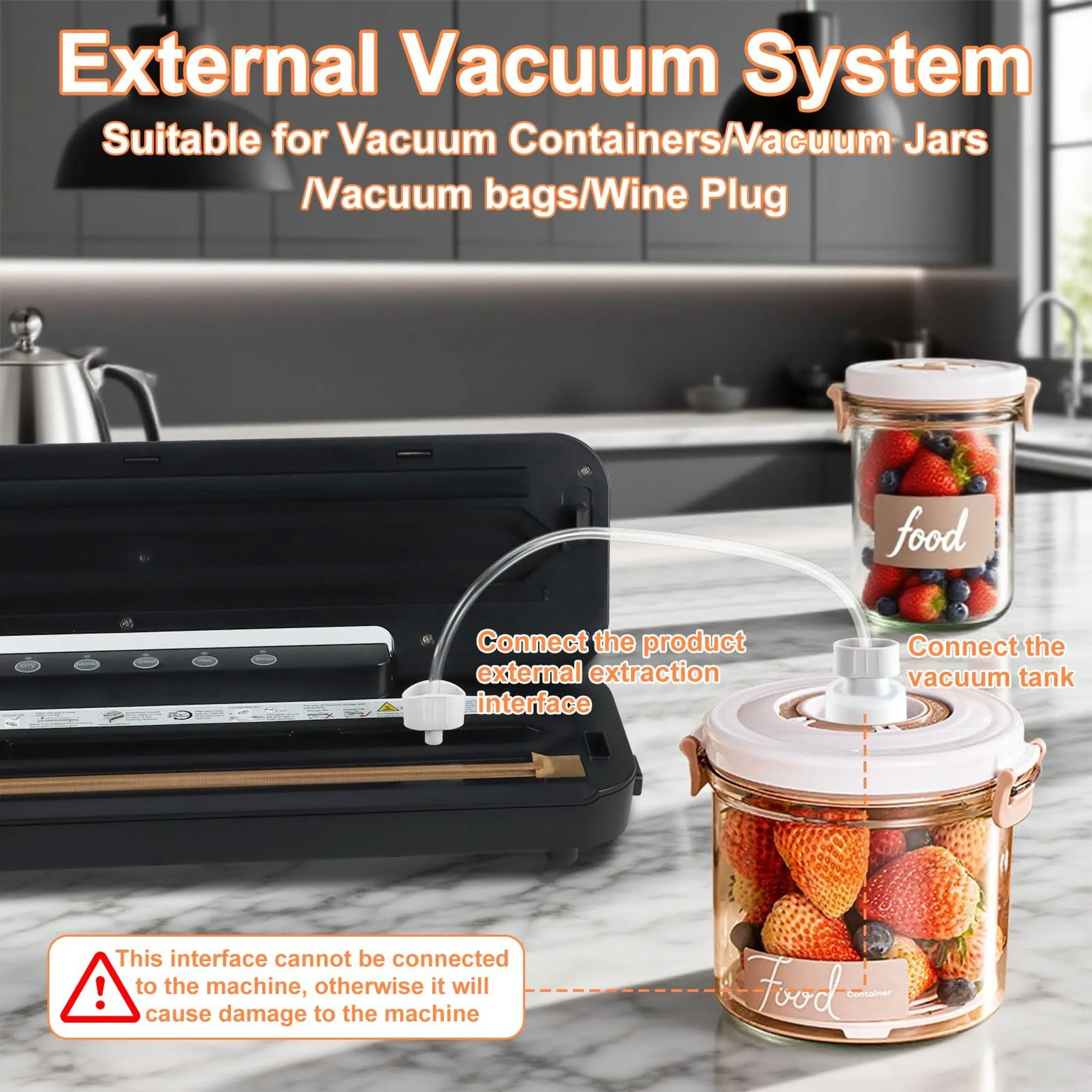 Vakuumiersystem mit Schlauch und Gläsern mit Obst. Text: 'Externes Vakuumsystem'.