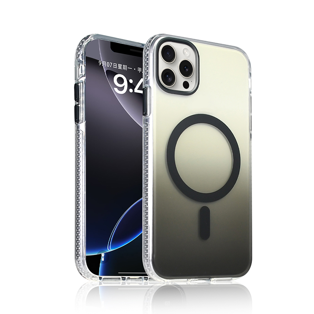 Şeffaf kılıflı iki akıllı telefon. Birinde Çince metinli ekran, diğerinde siyah bir daire ile degrade bir arka kısım var.
