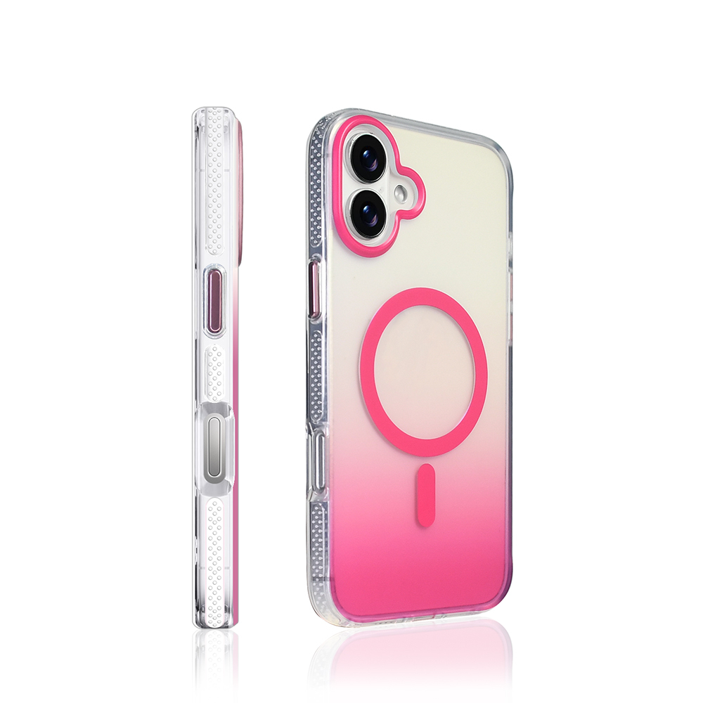 Pembe degradeye sahip şeffaf telefon kılıfı. Manyetik bir halkası ve kamera çerçevesi var. Başka bir kılıf da yan tarafta.