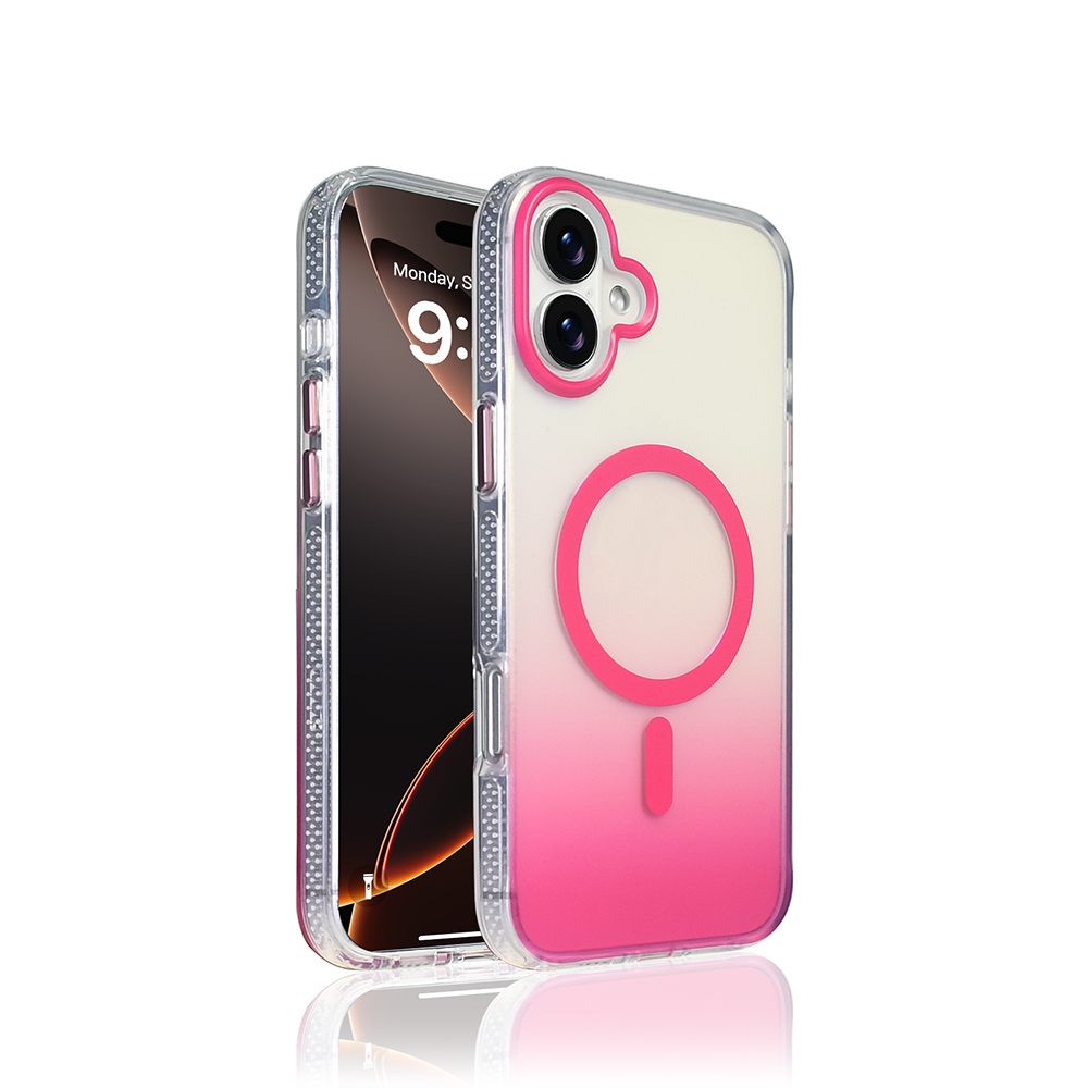 Şeffaf pembe degrade kılıflı iki telefon. Biri ekranı gösteriyor. Kılıflar pembe detaylara ve dairesel bir tasarıma sahip.