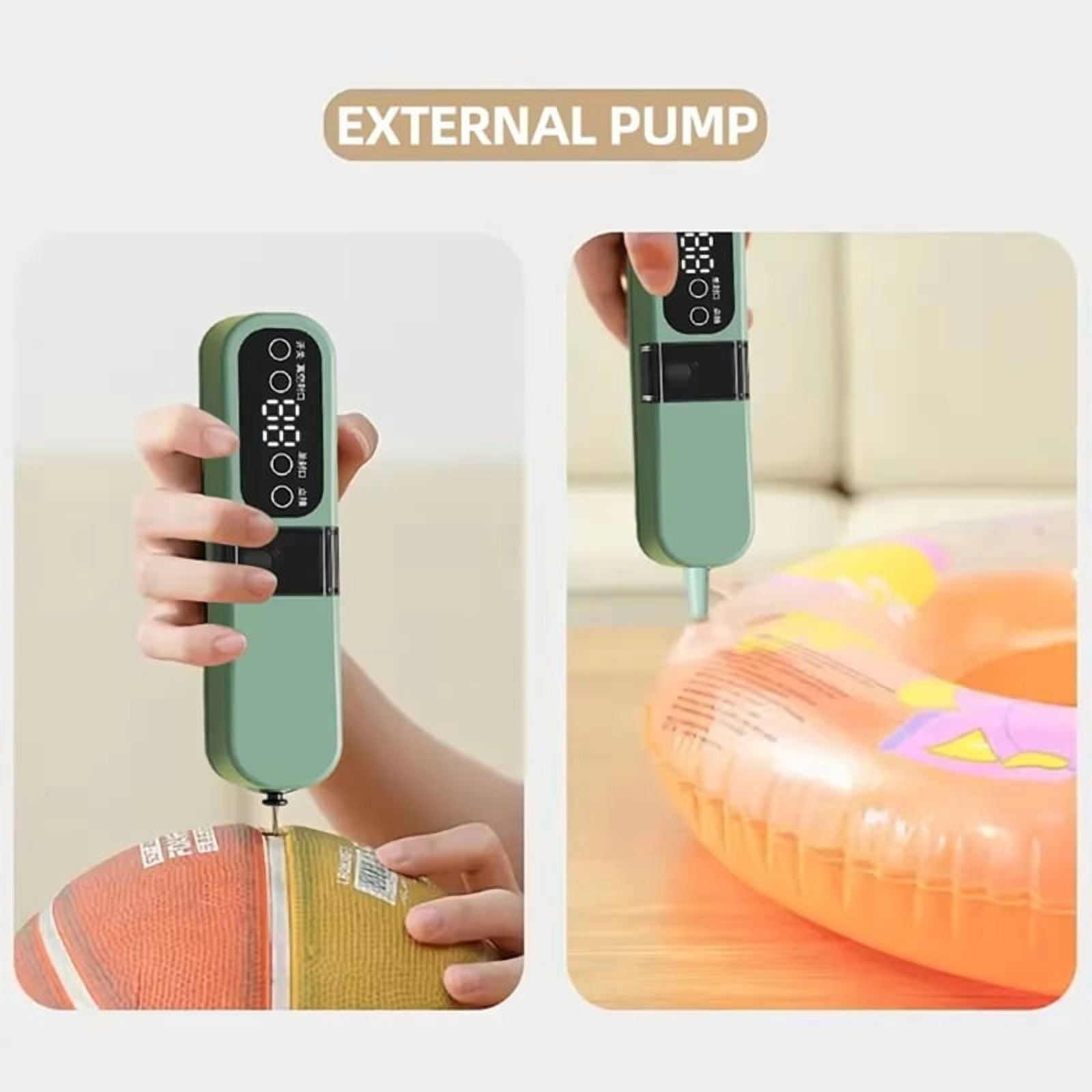 Eine externe Pumpe wird gezeigt, die einen Fußball und einen Schwimmring aufpumpt. Die Pumpe ist grün, die Objekte sind orange, gelb und beige.