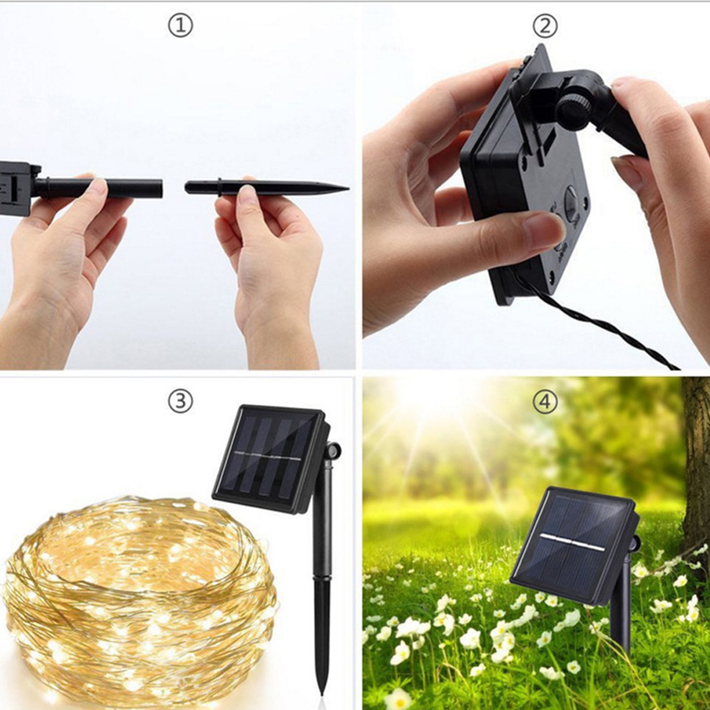 Vier Bilder zeigen die Montage von Solarleuchten. Hände verbinden Teile, Solarpanel mit Lichtern und das Panel in einem Garten mit weißen Blumen.