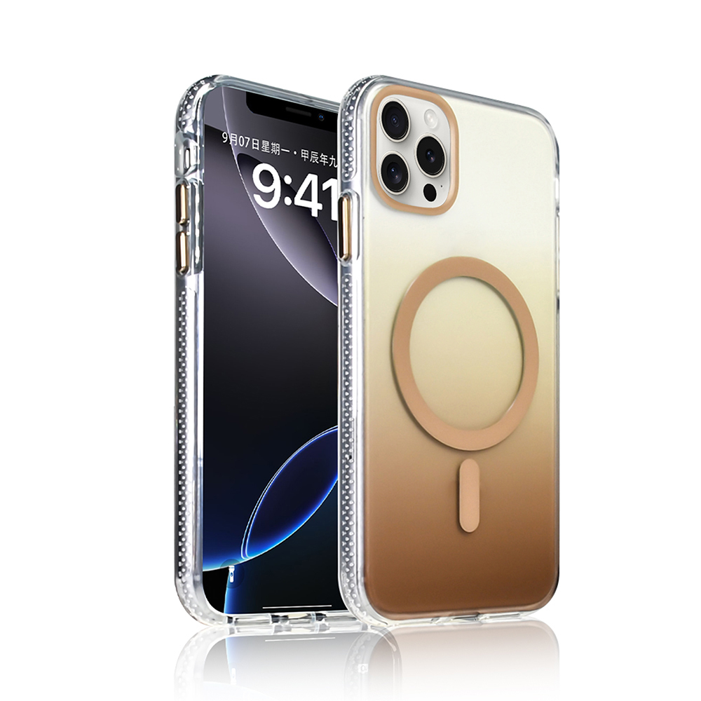 Kılıflı iki akıllı telefon. Birinde saat ekranı var. Diğerinde gradyan kılıf ve dairesel manyetik bir öğe bulunuyor.