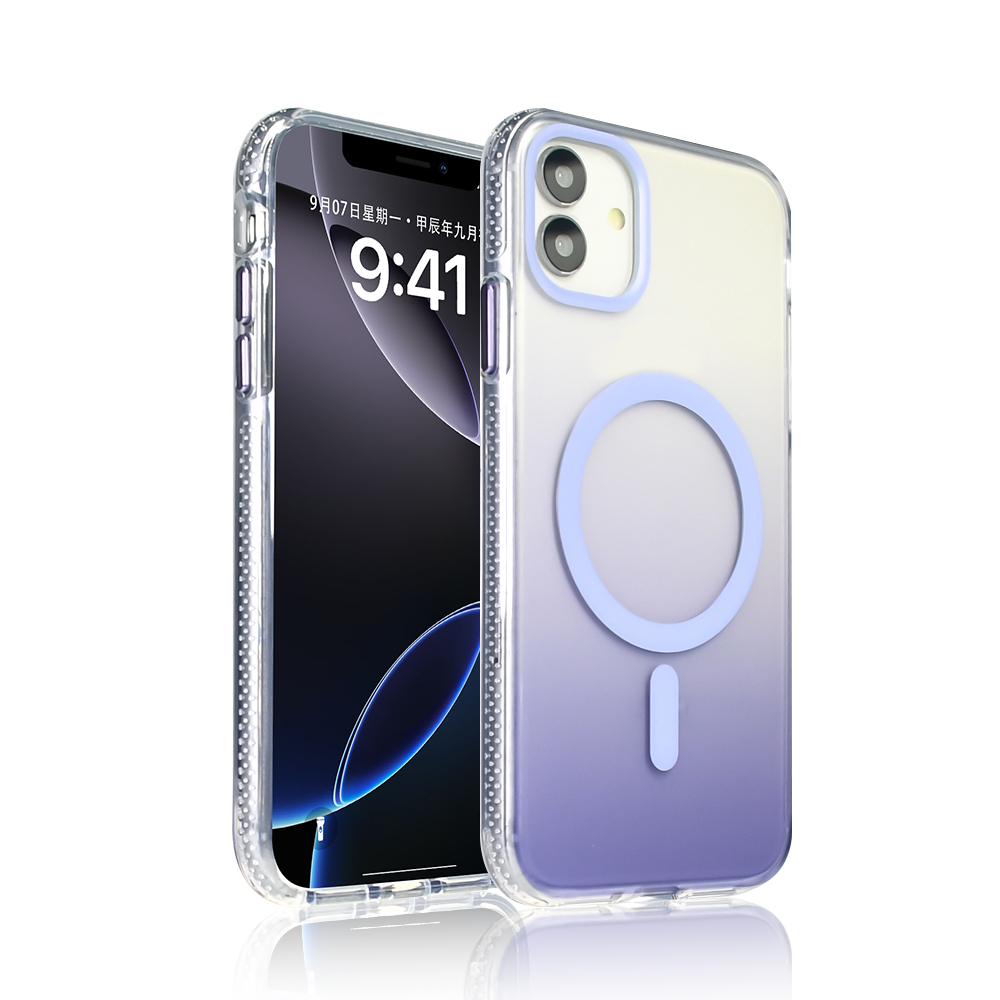 Şeffaf kılıflı iki iPhone. Kılıflar sarıdan mora geçişli. Biri 9:41 saatini gösteriyor. Manyetik daire ve dikdörtgen görünür.
