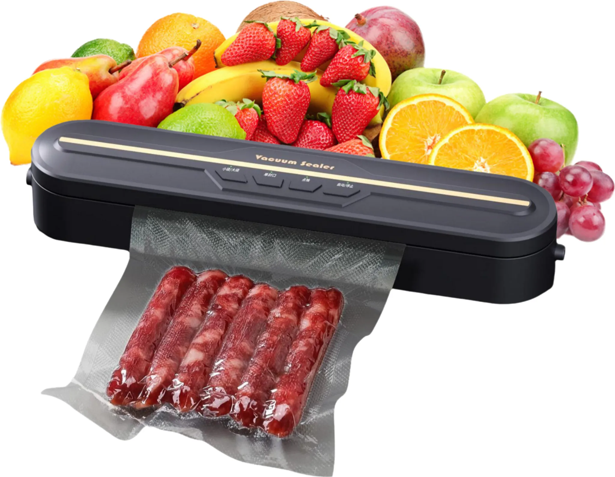 Ein Vakuumiergerät mit Würstchen in einer Tüte, umgeben von Früchten wie Erdbeeren, Äpfeln und Orangen.