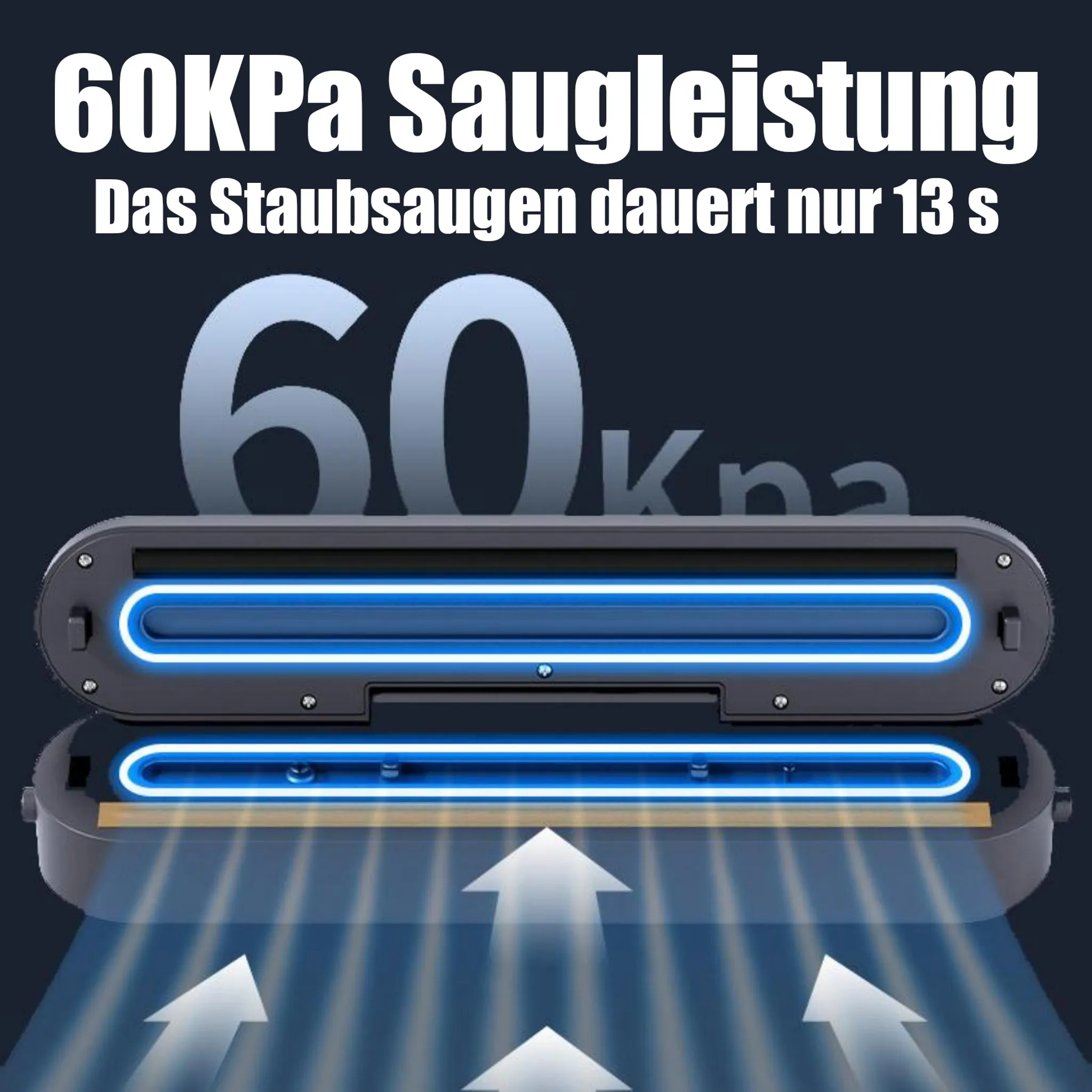 Das Bild zeigt einen Staubsauger mit leuchtend blauen Lichtern und weißen Pfeilen, die den Luftstrom anzeigen.