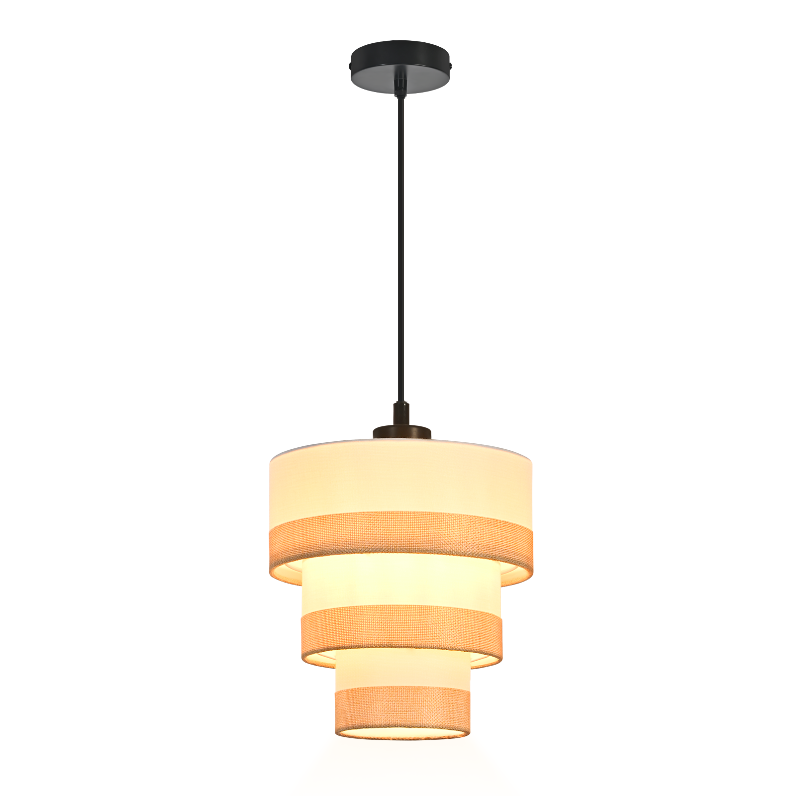 Trójpoziomowa lampa wisząca z kremowymi kloszami i tkanymi brązowymi paskami, zawieszona na czarnym pręcie.