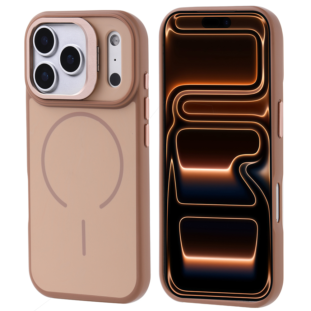 Bir telefon kılıfı ve telefon. Kılıf, halkalı bej renginde. Telefonun ekranı siyah ve turuncu neon çizgilerle dolu.