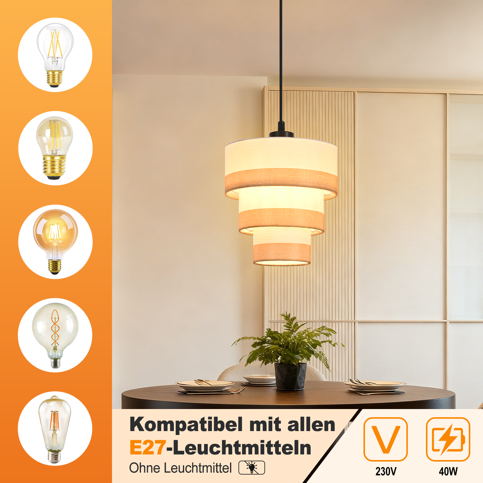 Nowoczesna lampa wisząca z trzema poziomami, drewniany stół z nakryciami i różne żarówki po lewej stronie.